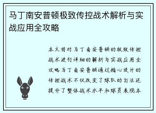 马丁南安普顿极致传控战术解析与实战应用全攻略 马丁南安普顿极致传控战术解析与实战应用全攻略